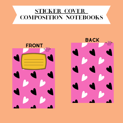 A digital preview of a sticker cover for composition notebooks, showing both front and back designs. The notebook cover features a pink background with a pattern of black and white hearts and a yellow rectangular label area on the front.