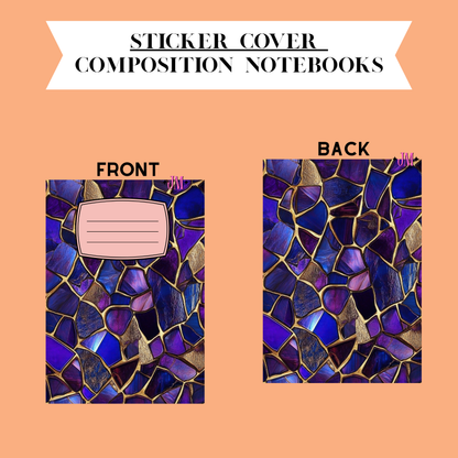 Sticker cover design for composition notebooks showing front and back views on a peach background. The notebook cover has a stained-glass style pattern in deep blue, purple, and gold, with a light pink label area on the front.
