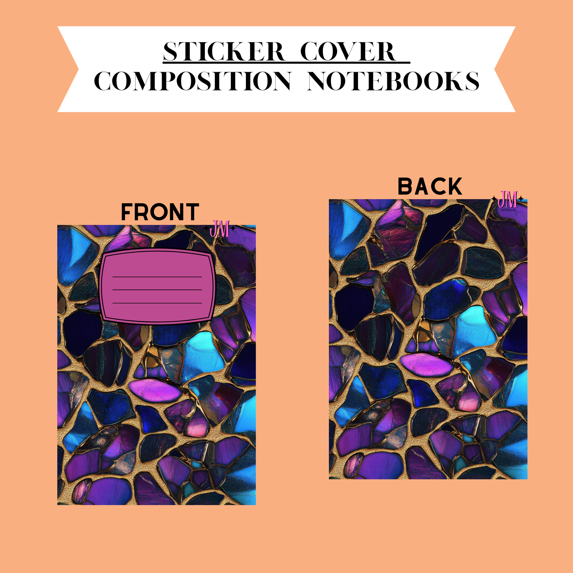 A product graphic showing the front and back of a sticker cover composition notebook on a peach background. The top banner reads 'STICKER COVER COMPOSITION NOTEBOOKS.