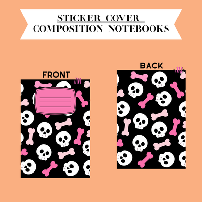 A digital preview of a sticker cover composition notebook showing both front and back designs. The notebook features a black background with a repeating pattern of white skulls and pink bones, with a pink label area on the front.