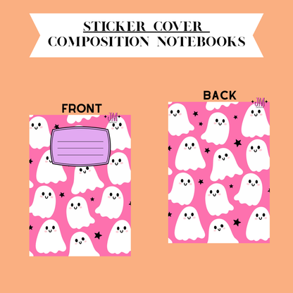 A product presentation graphic for a sticker cover composition notebook, showing both front and back designs on a peach background. The notebook features a pink background with a repeating pattern of cute white cartoon ghosts and small black stars, with a purple lined label area on the front.