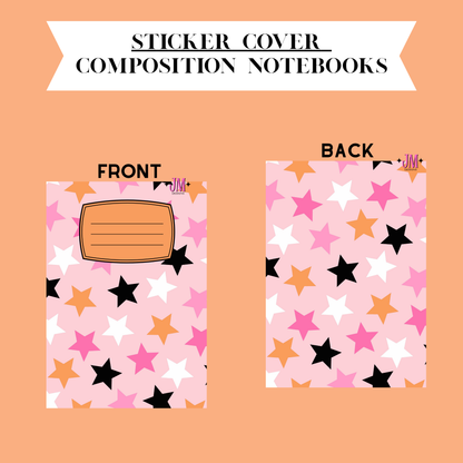 A digital preview of a sticker cover design for composition notebooks, showing both front and back views on a peach background. The cover features a pink base with a pattern of black, pink, white, and orange stars, with an orange label area on the front.