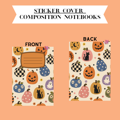 A product presentation graphic for a Halloween-themed sticker cover notebook, showing both the front and back designs on a peach background. The front features a blank lined label box, while the back displays a full pattern of pumpkins, ghosts, cats, and stars on a cream background.