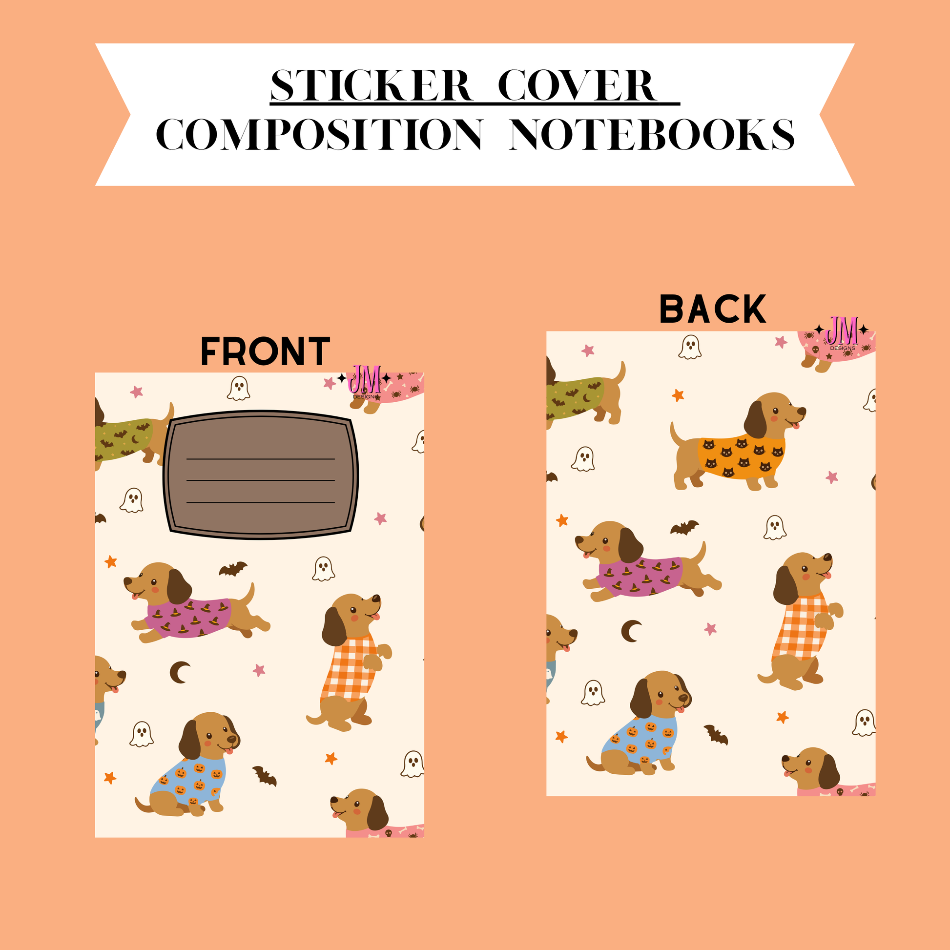 A product presentation showing the front and back of a sticker cover composition notebook set. The notebook features a cute dachshund pattern in various colored sweaters (blue, orange, pink, purple) on a cream background.