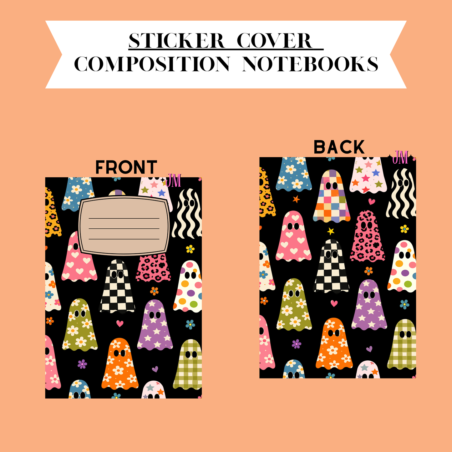 A product presentation graphic for a sticker cover composition notebook, showing both the front and back designs on a peach background. The notebook features a black background decorated with a colorful pattern of cute cartoon ghosts in various colors (pink, orange, green, purple, blue) and checkered patterns.