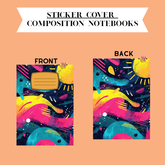 A product presentation showing the front and back of a notebook cover decorated with a colorful abstract design. The top of the image features a white banner with the text 'STICKER COVER COMPOSITION NOTEBOOKS' on a solid peach background.