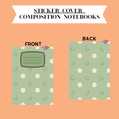 A digital preview of a sticker cover design for composition notebooks, showing both front and back layouts on a peach background. The notebook cover features a sage green floral pattern with white flowers and green grass, and includes a dark green title block on the front.
