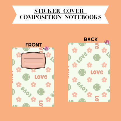 A digital preview of a sticker cover design for composition notebooks, showing both front and back layouts on a peach background. The sticker cover features a repeating pattern of pink flowers, green tennis balls, and the word 'LOVE' on a light cream background, with a pink rectangular label area on the front.
