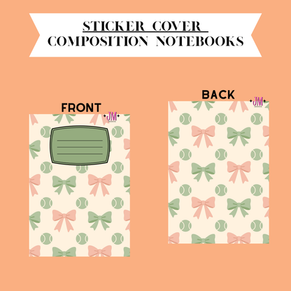 A digital preview of a sticker cover design for composition notebooks, showing both front and back views on a peach background. The notebook cover features a repeating pattern of green bows, pink bows, green tennis balls, and cream-colored tennis rackets.