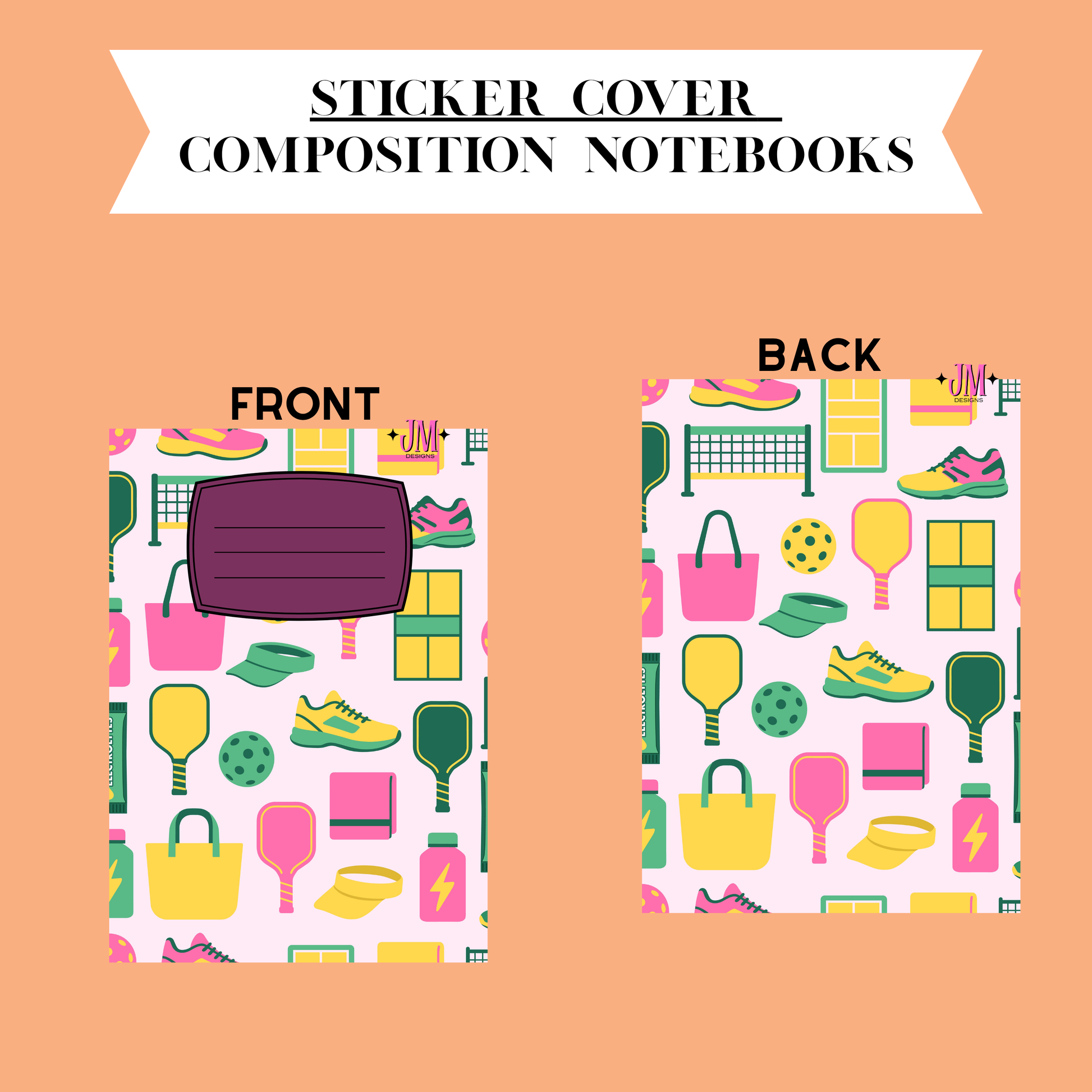 A sticker cover design for composition notebooks, showing the front and back layouts on a peach background. The cover features a colorful retro pattern of sports and fitness items like sneakers, handbags, tennis rackets, and balls on a white base, with a dark purple rectangular overlay on the front.