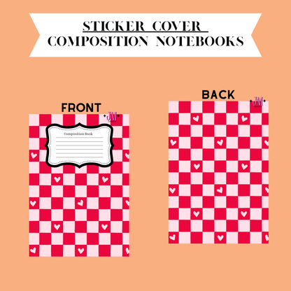 A digital preview of a sticker cover composition notebook showing both front and back designs on a peach background. The notebook features a pink and white checkered pattern with small hearts, and a white lined label area on the front.