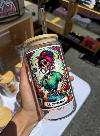 La Chingona Tarot Card 16 oz Glass Coffee Cup