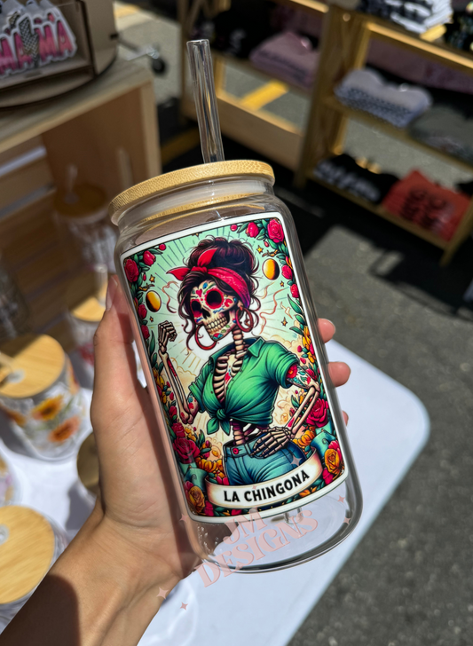 La Chingona Tarot Card 16 oz Glass Coffee Cup
