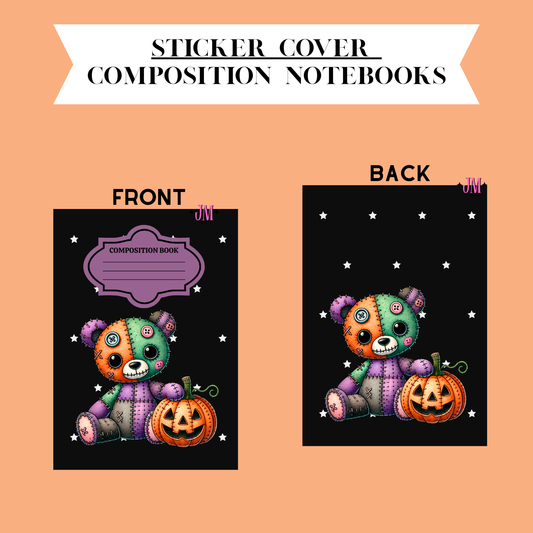 A product presentation of a composition notebook cover design, showing both the front and back layouts on a peach-colored background. The cover features a black background with a colorful patchwork teddy bear holding a jack-o'-lantern pumpkin, a purple label frame, and white stars.
