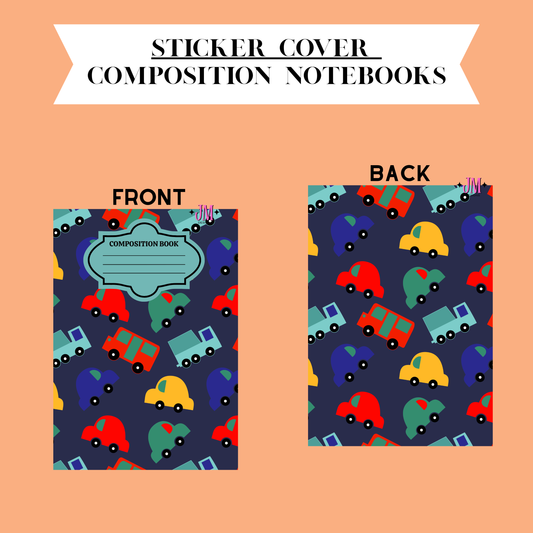 A sticker cover design for a composition notebook, showing both front and back views on a peach background. The notebook features a dark navy blue base covered in a colorful pattern of cartoon cars in red, yellow, green, and blue.
