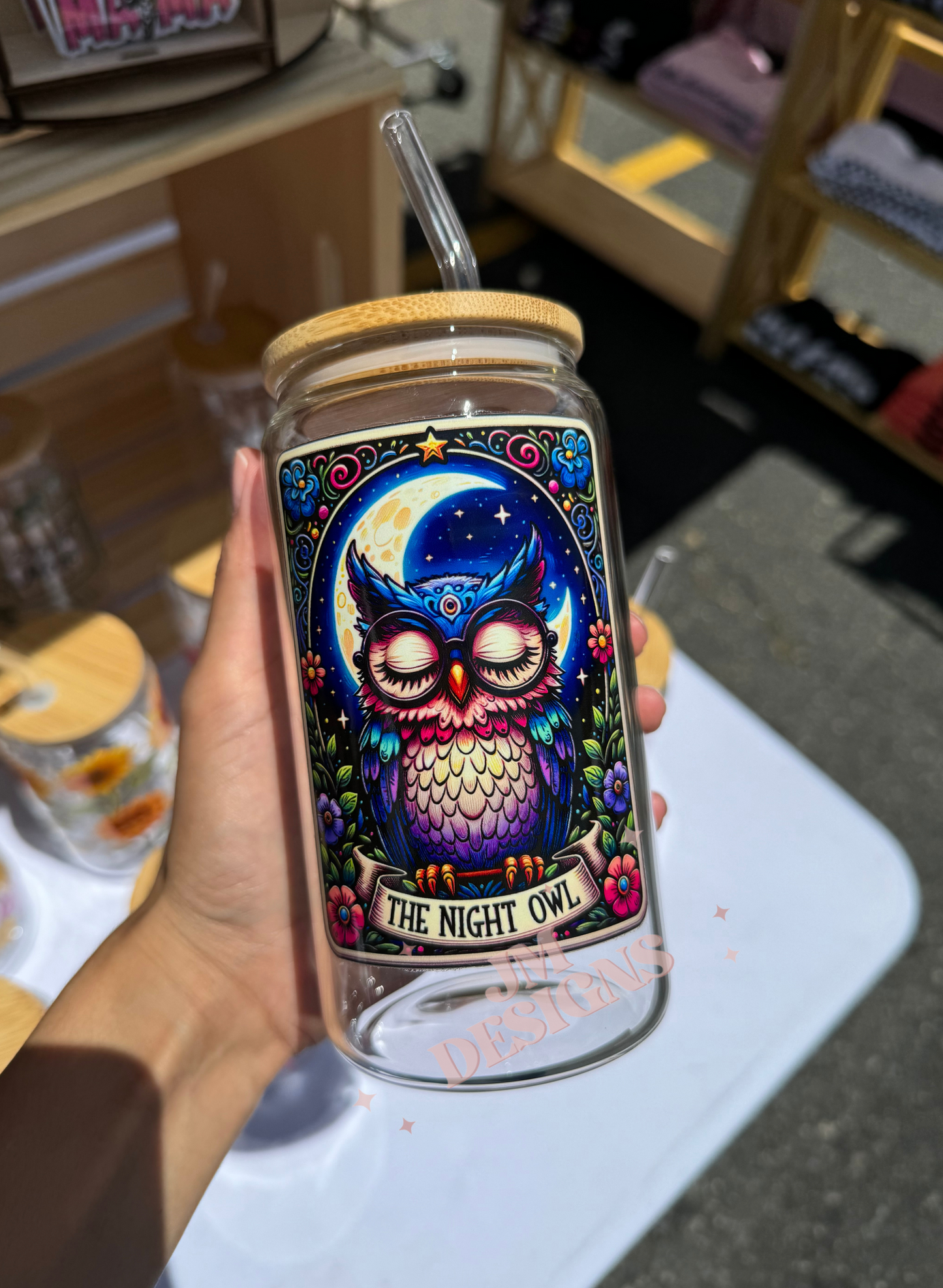The Night Owl Tarot Card 16 oz Glass Coffee Cup
