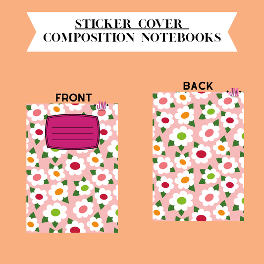 A sticker cover composition notebook shown from both front and back on a peach background. The notebook has a light pink floral pattern with white daisies, red and orange centers, green leaves, and small green triangles.