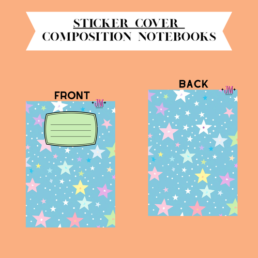 A digital preview of a sticker cover for composition notebooks, showing both front and back designs on a peach background. The notebook cover features a light blue starry pattern with pastel pink, yellow, and white stars, plus a light green title block on the front.