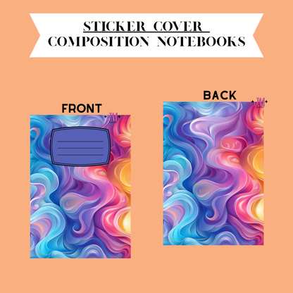 A product graphic showing a sticker cover for composition notebooks, with front and back views on a peach background. The cover has a colorful abstract wavy pattern in blue, purple, pink, and orange, with a blue label area on the front.