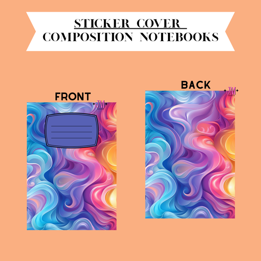 A product graphic showing a sticker cover for composition notebooks, with front and back views on a peach background. The cover has a colorful abstract wavy pattern in blue, purple, pink, and orange, with a blue label area on the front.