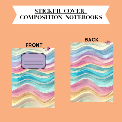 Sticker cover design for composition notebooks showing both front and back views on a peach background. The notebook covers have a pastel wavy stripe pattern in blue, pink, yellow, and purple, with a lavender label area on the front.