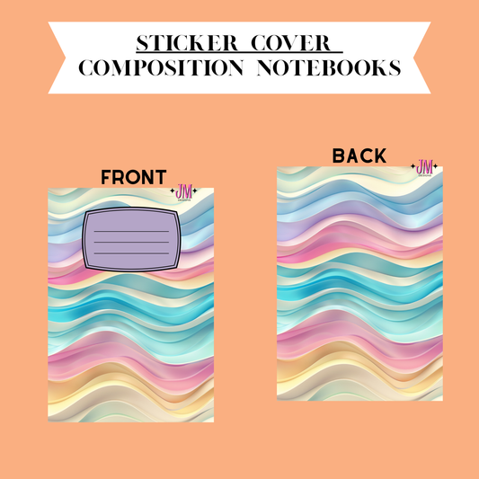 Sticker cover design for composition notebooks showing both front and back views on a peach background. The notebook covers have a pastel wavy stripe pattern in blue, pink, yellow, and purple, with a lavender label area on the front.