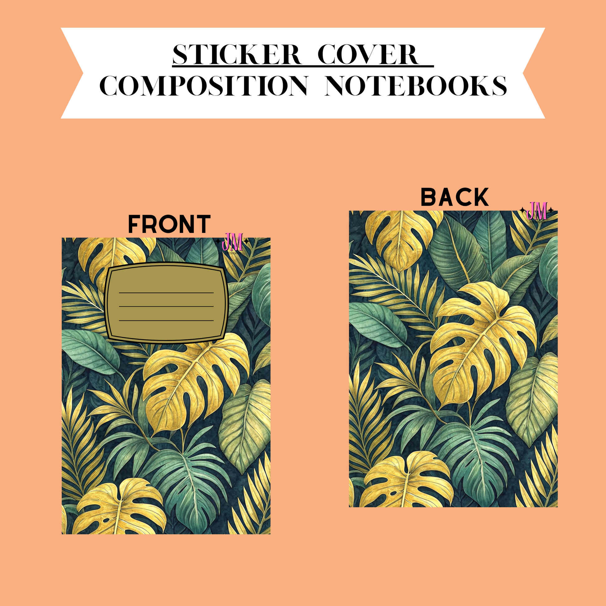 A product presentation graphic showing the front and back of a composition notebook cover. The cover features a tropical pattern of green and yellow monstera and palm leaves on a dark background.