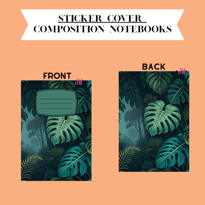 A product presentation showing the front and back of a composition notebook cover featuring a tropical monstera and palm leaf pattern. The top of the image has a white banner reading 'STICKER COVER COMPOSITION NOTEBOOKS'.