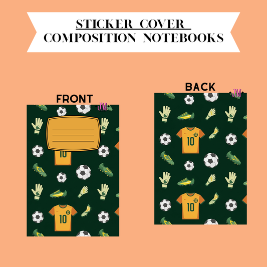A product presentation graphic for a soccer-themed notebook cover, showing both the front and back designs on a peach background. The cover features a dark green background with a repeating pattern of yellow jerseys, soccer balls, gloves, and cleats, with a large blank yellow box on the front representing a sticker area.