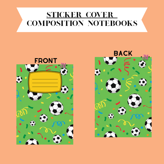 A sticker cover composition notebook shown from both front and back on a peach background. The cover has a green soccer pattern with black-and-white footballs, confetti, streamers, and a yellow rectangular label area on the front.