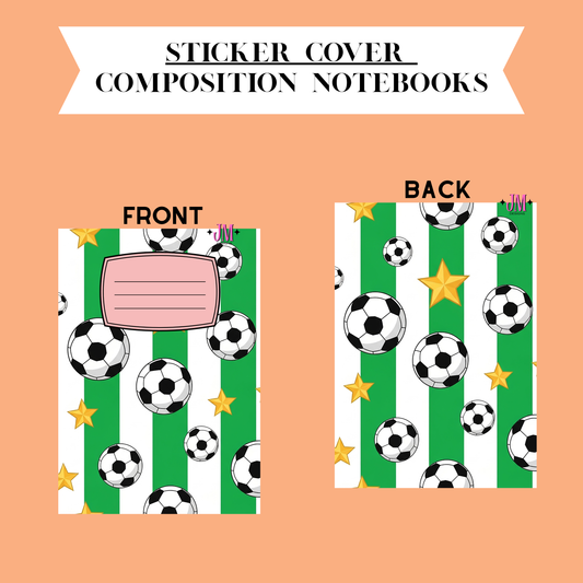 A product presentation showing the front and back of a soccer-themed sticker cover for a composition notebook, set against a solid peach background with a white banner at the top.