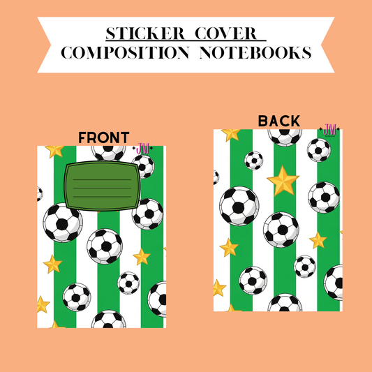 A product presentation of a soccer-themed composition notebook cover, showing both front and back views. The cover features green and white vertical stripes with black and white soccer balls and yellow stars.