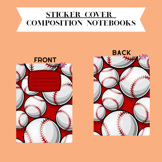 A product preview graphic for a baseball-themed notebook cover, showing both front and back designs on a peach background. The cover pattern features white baseballs with red stitching on a red background, with a red rectangular label area on the front.