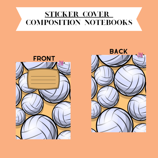 A sticker cover design for composition notebooks, showing both front and back layouts with a repeating volleyball pattern on a peach background. The front has a tan rectangular label area, and the back shows small pink tabs at the top right.