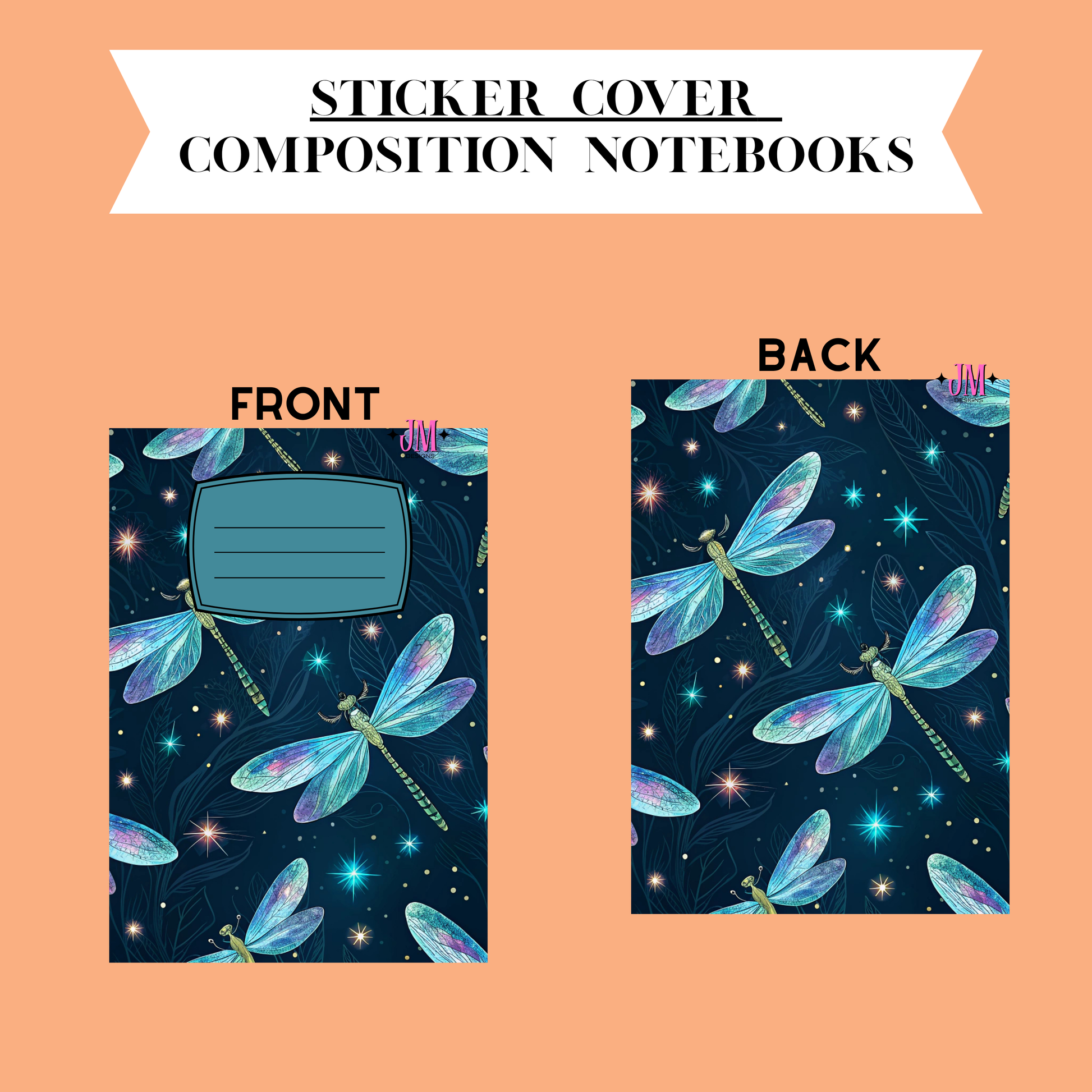 A product presentation showing the front and back of a composition notebook cover. The cover features a dark navy blue background decorated with a repeating pattern of iridescent blue and purple dragonflies and glowing star sparkles.