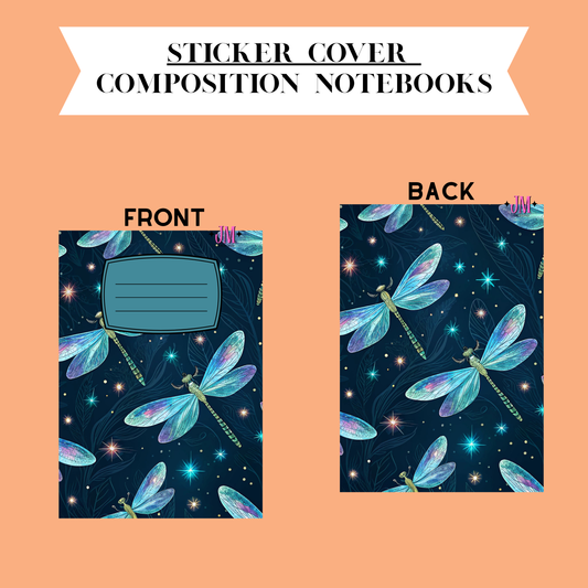 A product presentation showing the front and back of a composition notebook cover. The cover features a dark navy blue background decorated with a repeating pattern of iridescent blue and purple dragonflies and glowing star sparkles.