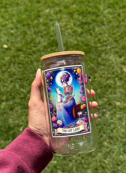 The Cat Lady Tarot Card 16 oz Glass Coffee Cup
