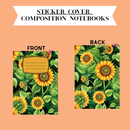 A product presentation showing the front and back of a composition notebook cover decorated with a vibrant sunflower and green leaf pattern, set against a solid peach background with a white banner at the top.