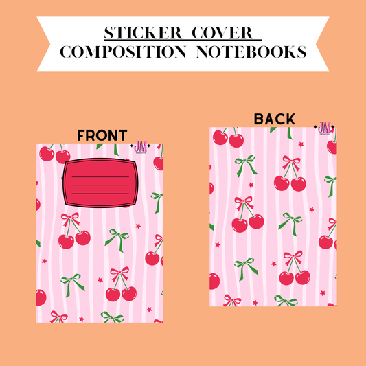 A digital preview of a sticker cover for composition notebooks, showing both front and back designs on a peach background. The design features a pink and white vertical stripe pattern decorated with red cherries, green bows, and small pink stars, with a solid red rectangular label area on the front.
