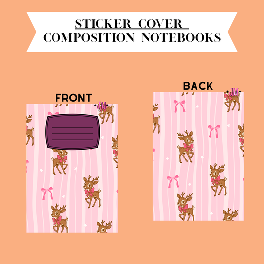 A product graphic showing the front and back of a sticker cover for a composition notebook. The cover has a pink and white vertical stripe background with cartoon brown deer wearing pink bows and small pink flowers.