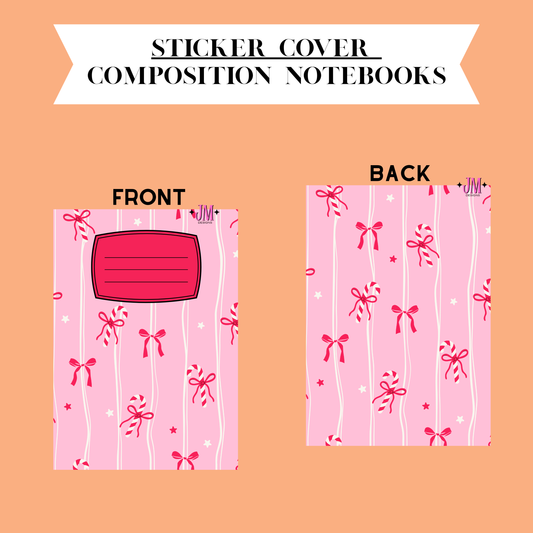 A product diagram showing the front and back of a pink notebook cover with a holiday pattern of bows, candy canes, and stars, under the heading 'STICKER COVER COMPOSITION NOTEBOOKS'.