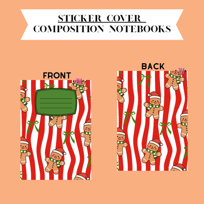A product presentation of a Christmas-themed sticker cover notebook showing both front and back designs on a peach background. The design features red and white vertical stripes with cute gingerbread men wearing Santa hats and scarves, green bows, and a blank green label area on the front.