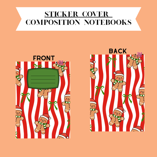 A product presentation of a Christmas-themed sticker cover notebook showing both front and back designs on a peach background. The design features red and white vertical stripes with cute gingerbread men wearing Santa hats and scarves, green bows, and a blank green label area on the front.
