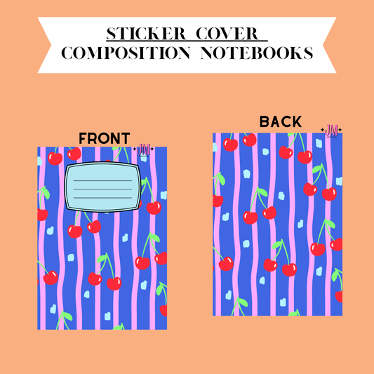 A digital preview of a sticker cover composition notebook showing both front and back designs on a peach background. The top banner reads 'STICKER COVER COMPOSITION NOTEBOOKS'.