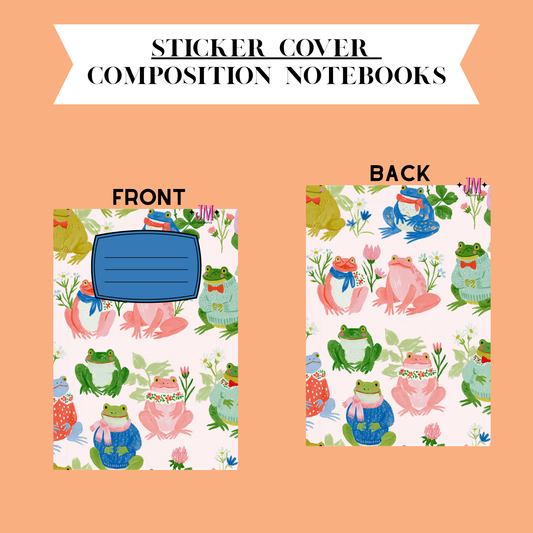 Sticker cover design for composition notebooks showing front and back views on a peach background. The notebook cover has a white base with a colorful pattern of frogs in scarves and flowers, plus a blue rectangular label area on the front.