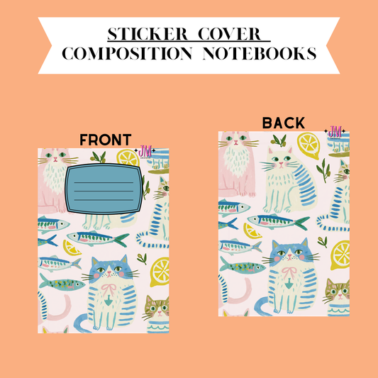 A sticker cover design for a composition notebook, showing both front and back views on a peach background. The notebook cover features a playful pattern of blue cats, striped fish, yellow lemon slices, and green leaves on a white base.