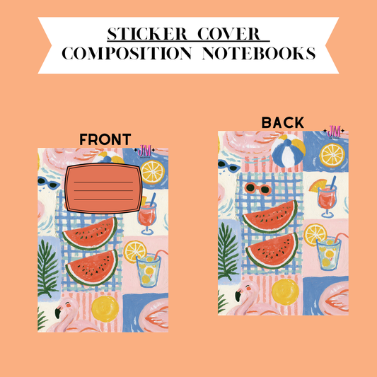 A product presentation showing the front and back of a sticker cover for composition notebooks. The background is a solid peach color, with a white banner at the top reading 'STICKER COVER COMPOSITION NOTEBOOKS'.