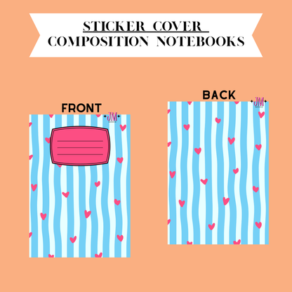 A digital graphic showing the front and back of a sticker cover for composition notebooks. The cover features vertical light blue and white wavy stripes with small pink hearts, and a pink label area on the front.