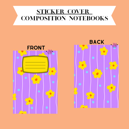 A digital preview of a sticker cover for composition notebooks, showing both front and back designs on a peach background. The notebook cover features a lavender purple background with white vertical stripes, yellow flowers, and small blue dots, with a yellow sticky note graphic on the front.
