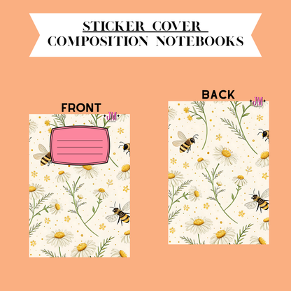 Sticker cover design for composition notebooks, showing front and back views on a peach background. The cover has a cream floral print with yellow flowers, green stems, bumblebees, and a pink sticky note label on the front.